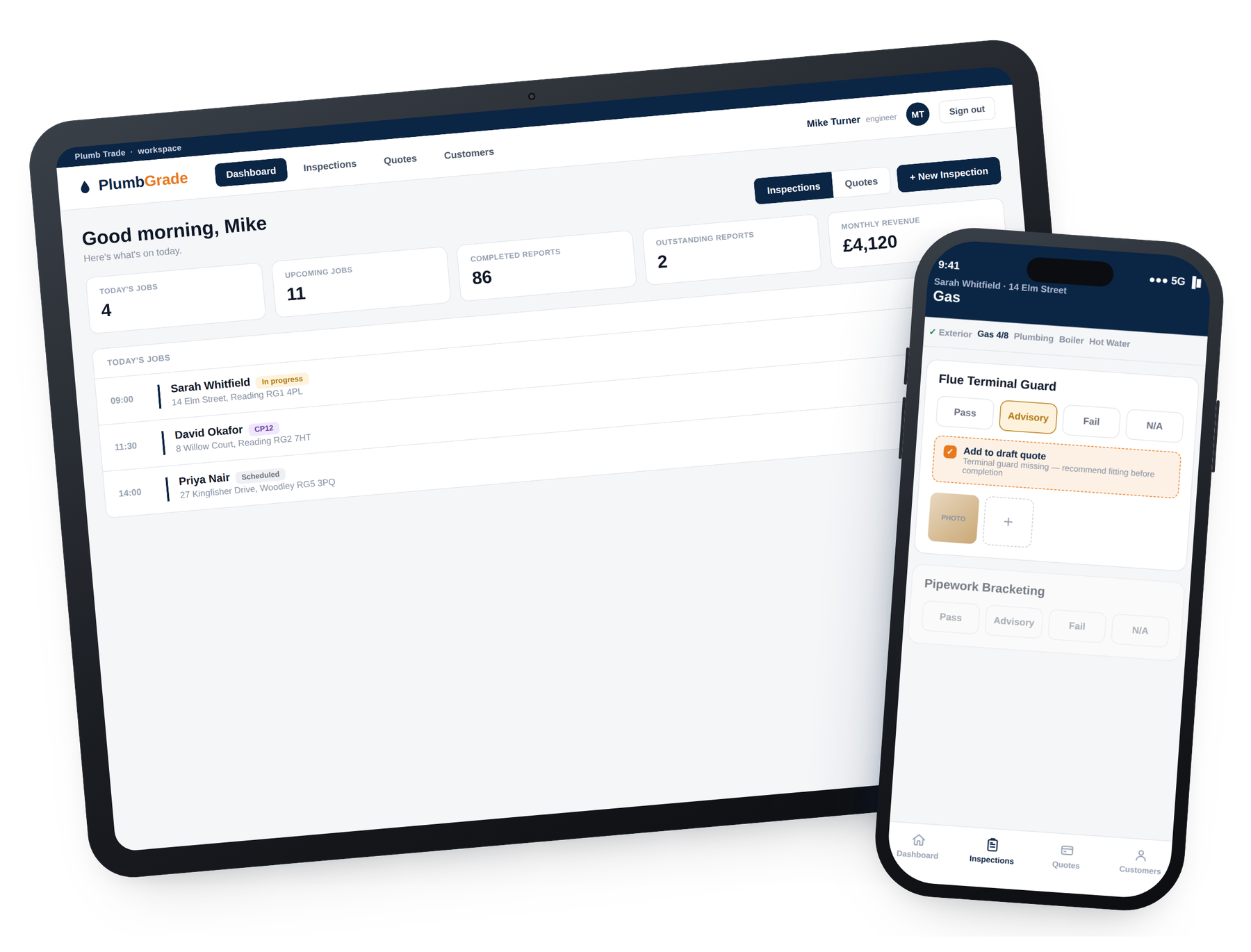 The PlumbGrade dashboard and an on-site inspection checklist shown on an iPad and iPhone